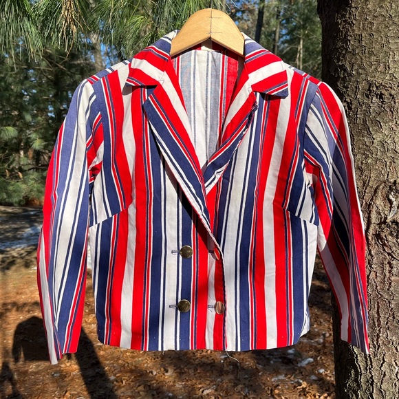 Vintage Jackets & Blazers - 70s Handmade USA Red White & Blue Striped Blazer Jacket America Patriotic